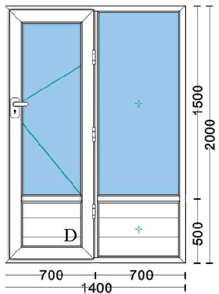 قیمت درب دو جداره upvc با شیشه ۴و۴ ساده به ابعاد 1400*2000 پروفیل درب، یراق بالکنی ۲ طرف دستگیره پروفیل ایده آل